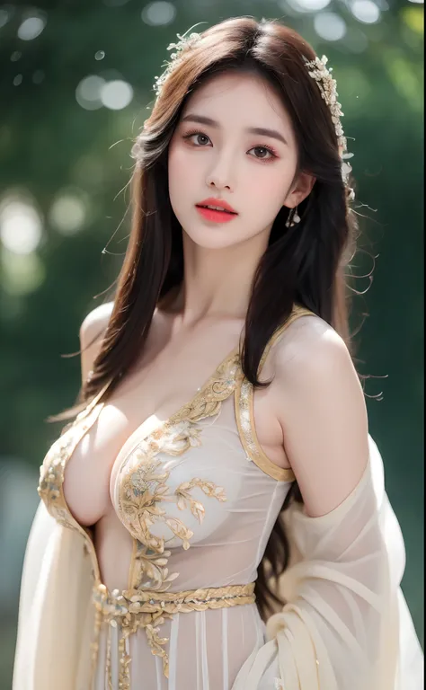 ((Best Quality, 8k, Masterpiece: 1.3)), Focus: 1.2, Perfect Body Beauty: 1.4, Buttocks: 1.2, ((Layered Haircut)), (Wet Clothes: 1.1), (Rain, Street:1.3), (Breasts: 1.2), (Hanfu: 1.2), Bare Shoulders, Bare Legs, Highly Detailed Face and Skin Texture, Fine E...