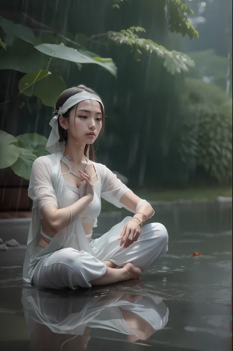 Sweat-soaked Zen beauty doing yoga lotus sitting meditation in a rain of ，（Complete, delicate and good-looking face），Milky  all over the body