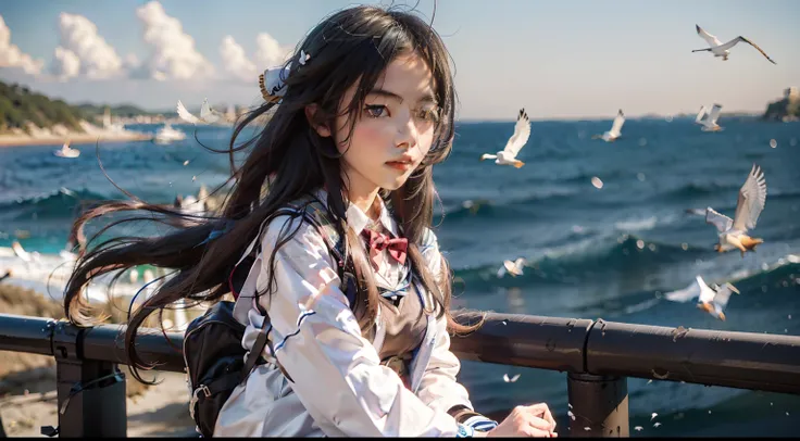 In a Japanese anime style，A schoolgirl sits on an embankment by the sea，Wear a student uniform，Long hair flutters in the wind，There are boats and seagulls in the distance，Blue sea