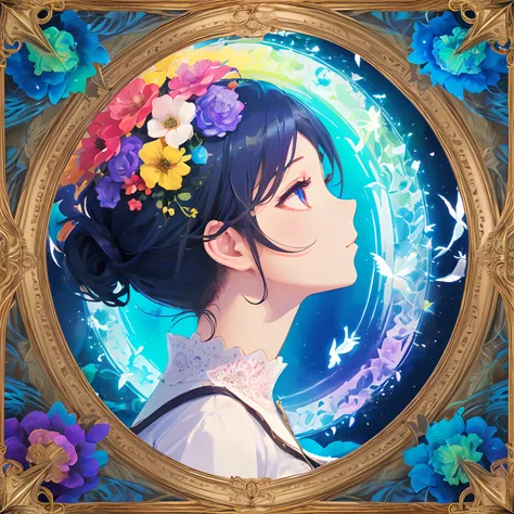 Beauty 1 person、(​masterpiece、top-quality、top-quality、Beautifully Aesthetic:1.2)、(1girl in:1.3)、(Fractal Art:1.3)、picture frame、rainbow-colored hair、Detail Frame、Dynamic、florals、round frame、Florals Kui、Lots of petals fluttering、look up to、Expressive thinki...