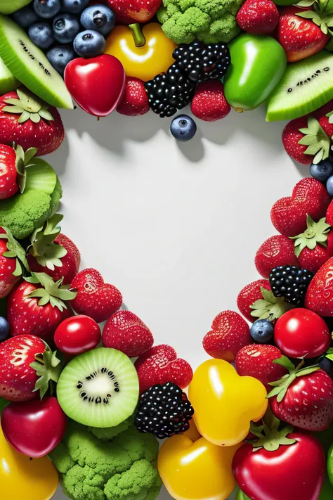 Close-up of a heart made of fruits and vegetables, professional fruit photography, ❤🔥🍄🌪, Fruits, high quality food photography, Amazing food photography, made of food, marketing photo, “berries, Food photography, healthy, delicacy, Fruit, Without backgroun...