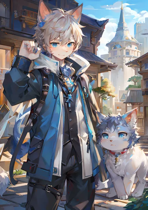 Anime characters with cats and buildings in the background, Tall anime guy with blue eyes, Boy with fox ears and tail, WLOP and Sakimichan, From Arknights, Genshin, Best anime 4k konachan wallpaper, Guviz-style artwork, style of anime4 K, Key anime art, Ke...