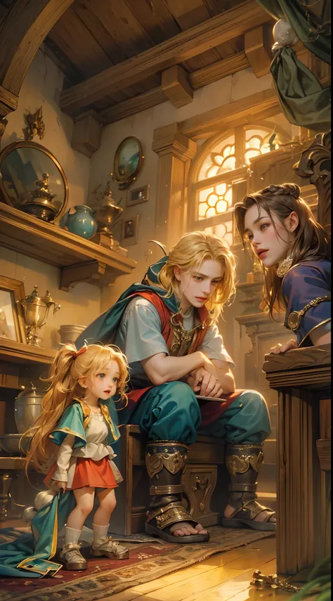 (absurdres, highres, ultra detailed, HDR), masterpiece, best quality, legend of mana character, hero, detailed face, handsome face, shiloh talking to two little sorcerers inside home, detailed character, detailed indoor, detailed home