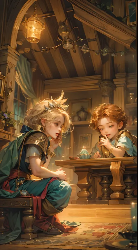 (absurdres, highres, ultra detailed, HDR), masterpiece, best quality, legend of mana character, hero, detailed face, handsome face, shiloh talking to two little sorcerers inside home, detailed character, detailed indoor, detailed home