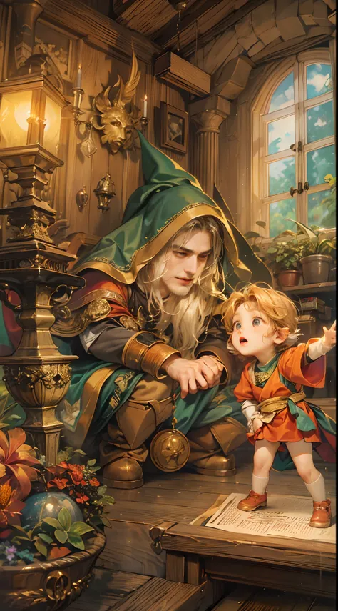 (absurdres, highres, ultra detailed, HDR), masterpiece, best quality, legend of mana character, hero, detailed face, handsome face, shiloh talking to two little sorcerers inside home, detailed character, detailed indoor, detailed home