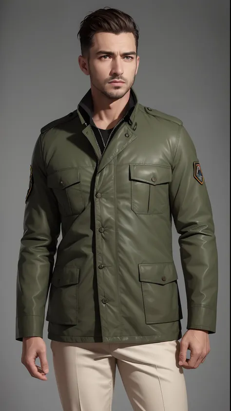 a man in a green jacket and tanned pants standing up, wearing jacket, military clothing, vestindo jaqueta verde, vestindo uma jaqueta de aviador, wearing hunter coat, medium, Roupas de piloto militar, suit jacket, impeccable military composure, jaqueta sob...