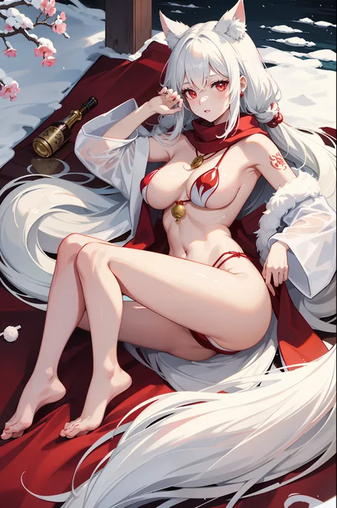 female nine-tailed fox, shrine outfit, sexy body shape, masterpieces, chill mature aura, croatch tattoo, wet body detailed, lying on the ground, bright red pupil, sakura falling, moonlight japanese building background, red rope accessorize, fur white scarf...