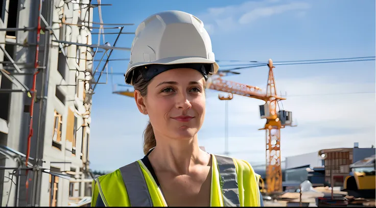 arafed woman in a hard hat and safety vest standing in front of a construction site, construction, portrait shot, portrait of sanna marin, close portrait, photo taken in 2 0 2 0, portrait, tekla evelina severin, photo taken in 2018, closeup portrait shot, ...