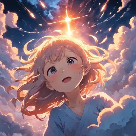 masterpiece, best quality, movie still, 1girl, cloud girl, floating in the sky, close-up, bright, happy, warm soft lighting, sunset, (sparks:0.7)