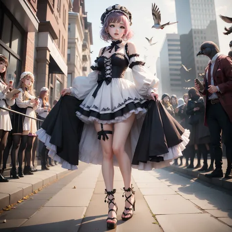 Female idol covered in pigeons（Cute costumes）、Looks fun、full body Esbian、