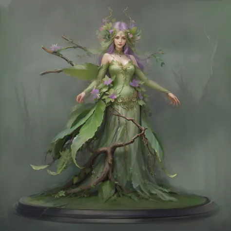 A plant girl，Dryad，Flower Fairy，Flirtatious，Fighting posture，Eggplant plant，Wear purple，green long hair，Systemic toxicity，Glamorous，full body concept，Picture quality HD，spells，casting spells，Fighting posture，tree branch，foliage，k hd，filigree，tmasterpiece