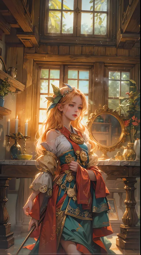 (absurdres, highres, ultra detailed, HDR), masterpiece, best quality, legend of mana character, heroine, detailed face, beautiful face with decorative sticks on hair, seraphina staring at the window inside home, detailed character, detailed indoor, detaile...