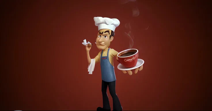 Cartoon chef with a cup of coffee and a napkin, cozinhar, promotional render, ilustrador, art render, commercial illustration, Personagem 3D, stylized as a 3d rendering, Personagem 3D, artistic rendering, cozinha, rendered illustration, Arte de personagem ...