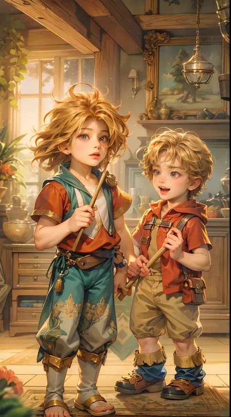 (absurdres, highres, ultra detailed, HDR), masterpiece, best quality, legend of mana character, handsome young hero, detailed face, handsome face, shiloh talking to two little twins kids, holding a broom inside home, detailed character, detailed indoor, de...