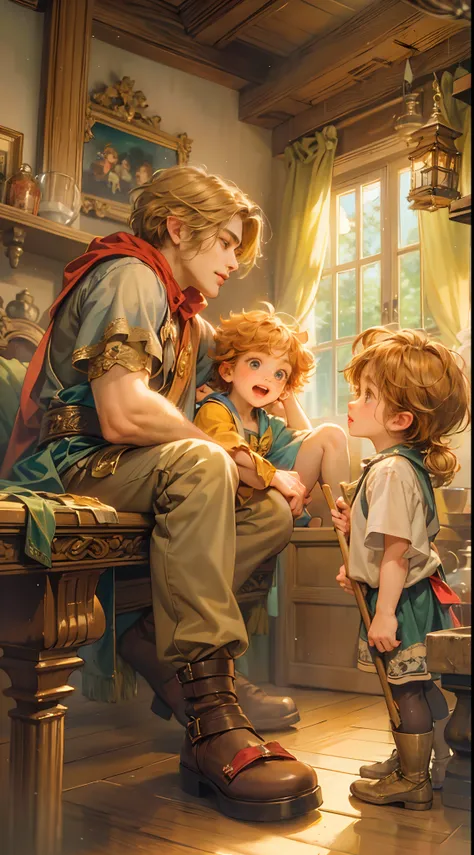 (absurdres, highres, ultra detailed, HDR), masterpiece, best quality, legend of mana character, handsome young hero, detailed face, handsome face, shiloh talking to two little twins kids, holding a broom inside home, detailed character, detailed indoor, de...