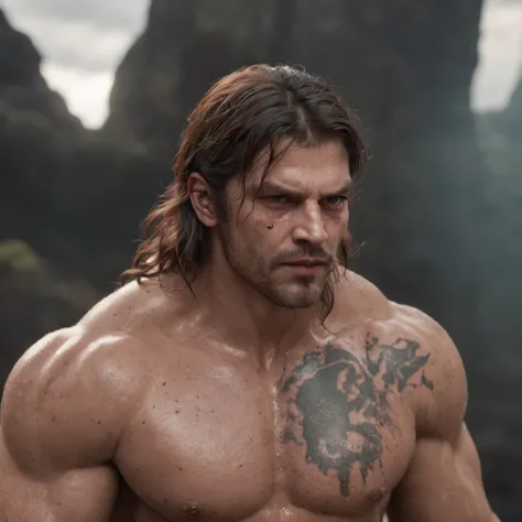 mulher, (Professional 3D rendering:1.3) de (Realistic:1.3) foto de arte mais bonita do mundo，soft features, brilliant male heroes, ((Epic hero rough fantasy muscular man wet hero angry look long hair short beard and fierce expression in dynamic pose, fanta...