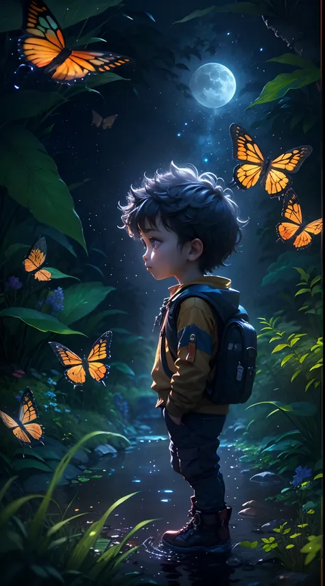 （（best qualtiy））， （（tmasterpiece））， （A detailed：1.4），Enhanced dynamic perspective，jungles，nighttime scene，starrysky，（darkly：1.4），（（Baby adventurer standing in front of supergiant butterfly，Butterflies spread their huge wings，shimmering under the moonlight，...