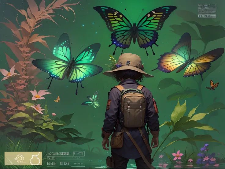 （（best qualtiy））， （（tmasterpiece））， （A detailed：1.4），Enhanced dynamic perspective，jungles，nighttime scene，starrysky，（darkly：1.4），（（Baby adventurer standing in front of supergiant butterfly，Butterflies spread their huge wings，shimmering under the moonlight，...