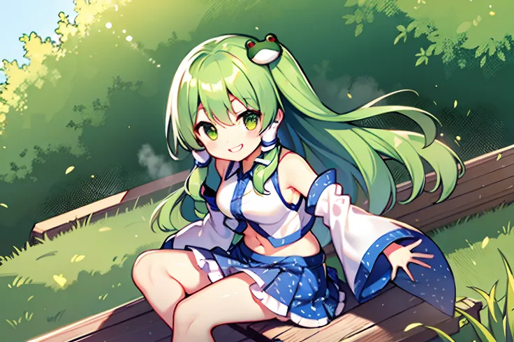 {{kochiya sanae}}, frog hair ornament, Sleeveless, Detached sleeves, Skirt,Petite,（Aggressive smile）,show teeth,