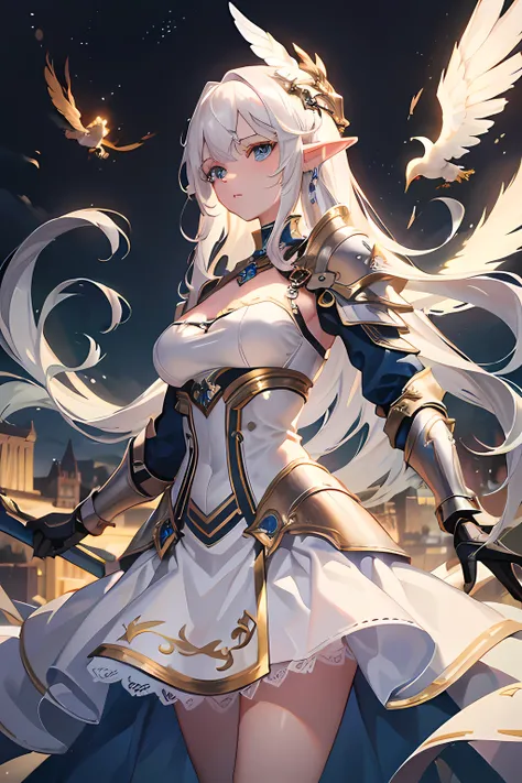 ((4k,masterpiece,best quality)), maxiskit, dress conservatively 1 girl, solo, standing, white hair, long hair, elf ears, Valkyrie, armor, angel, white bra, side bang, from front, extra size body, look at viewer