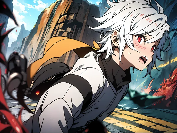 Bell Cranel、White hair、red eyes、(((red blush)))((Wavy mouth)))、(((profile、sideways Facing, Running、From Side、run、run、backs、Running、Hurry up and run away、Dungeon、caves)))、Im in a hurry、Bell Cranel, 1boy, Solo, Looking at Viewer, Short hair, Open mouth, Red ...