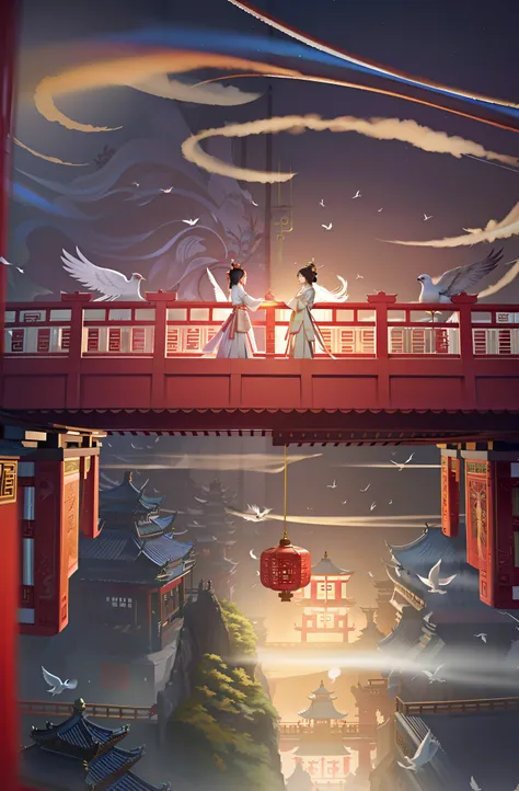 On the bridge stood a man and a woman，Dressed in ancient Chinese costumes, A beautiful artwork illustration, Fantastic illustration, calm evening. Digital illustration, Makoto Shinkai e Tom Bagshaw, by Atey Ghailan，There is a flock of large birds flying on...