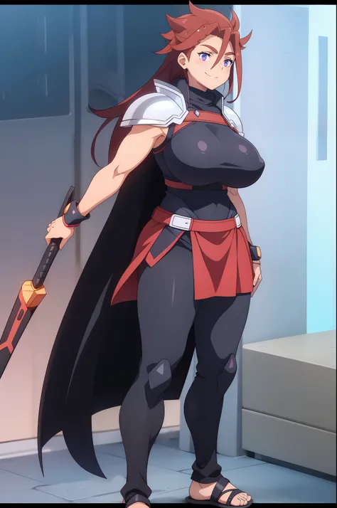 rbykoha, knight armor, long skirt, large skirt, smile, huge breast, full body, flipflops, holding (lance),standing, pants