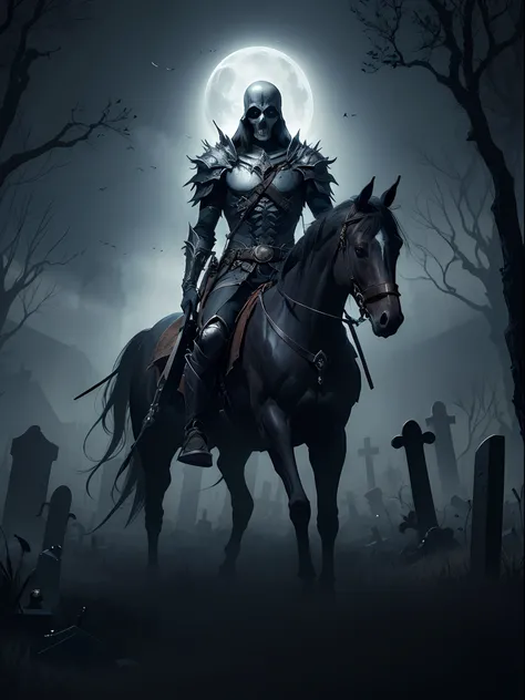 The Great Lord of Death on an emaciated horse, surrounded by a powerful poisoned aura. Game design, detailed textures. In the background is a dark and sinister cemetery.