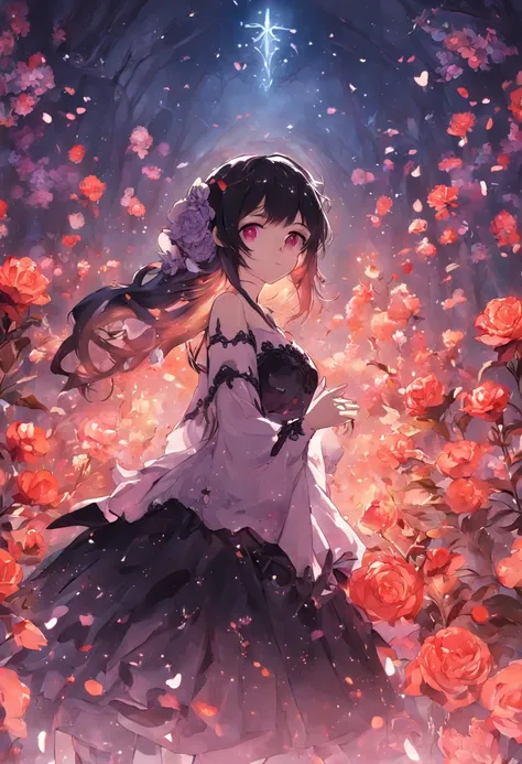 (Slightly chubby wedding flowers succubus girl:1.2)，Glamorous charm，Gorgeous black wedding dress，Plump your body，Flowers in hand，Wonderland Magic Girl