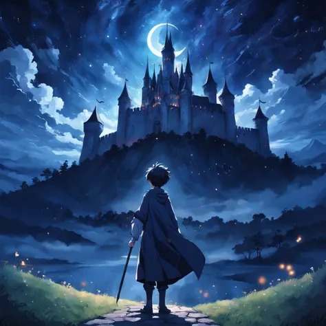 Old castle，under the starry night sky，1boy，holding a magical staff，mystical aura，Moon Night。