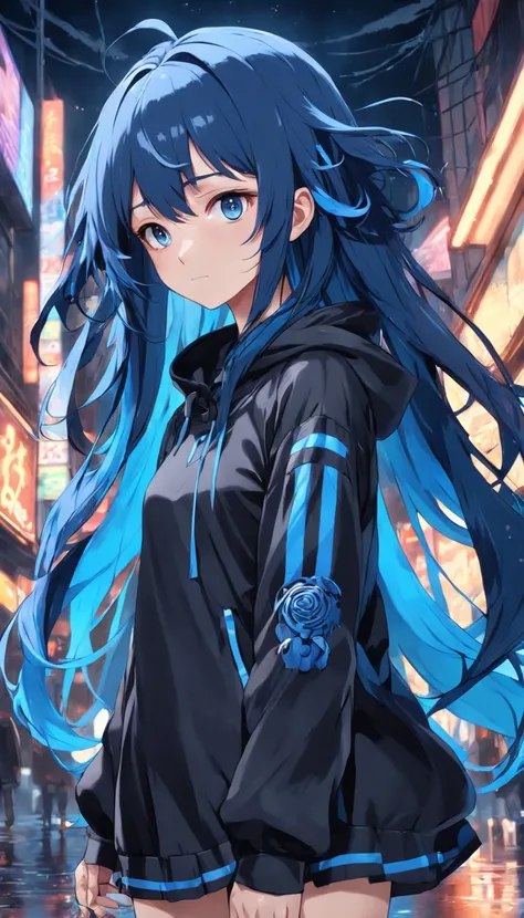 teens girl，Facial maturity，Handsome，blue hairs，Jellyfish head，Height 165，Sportswear in black and blue tones，The whole body is covered with black bandages