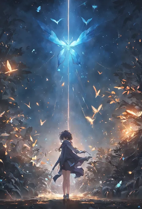 （（best qualtiy））， （（tmasterpiece））， （A detailed：1.4），Enhanced dynamic perspective，jungles，nighttime scene，starrysky，（darkly：1.4），（（Baby adventurer standing in front of supergiant butterfly，Butterflies spread their huge wings，shimmering under the moonlight，...