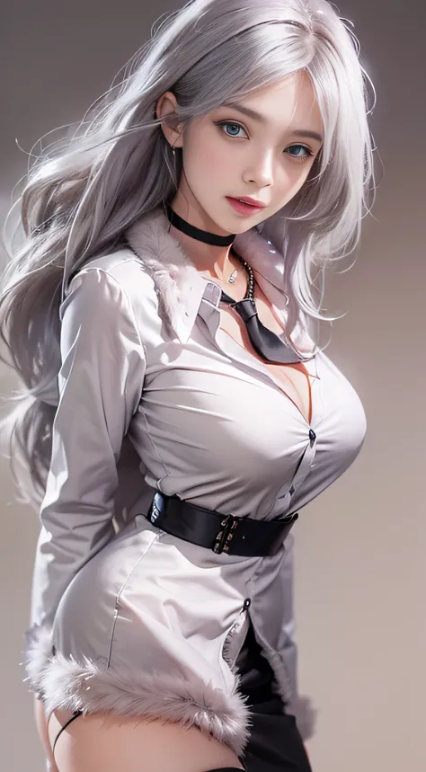 Photorealistic, high resolution, 1 Women, Solo, Waist up, Beautiful eyes, Close lips, Detailed face, White hair, Long hair, Collared shirt, black necktie,Black skirt, pencil skirts, Fur coat, Stockings