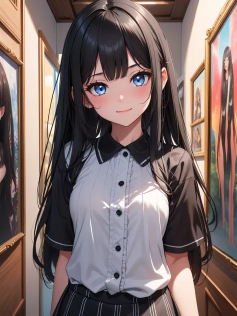 Top quality ultra-detailed CG art、Upper body naked、pupils on：１.２）black head、Glossy hair、smooth hair、large blue eyes,Mid summer、Delicate body、cheerful girl、Tying hair、vertical stripes、Art Room、Painting、student clothes、shortsleeves、a miniskirt、ssmile、