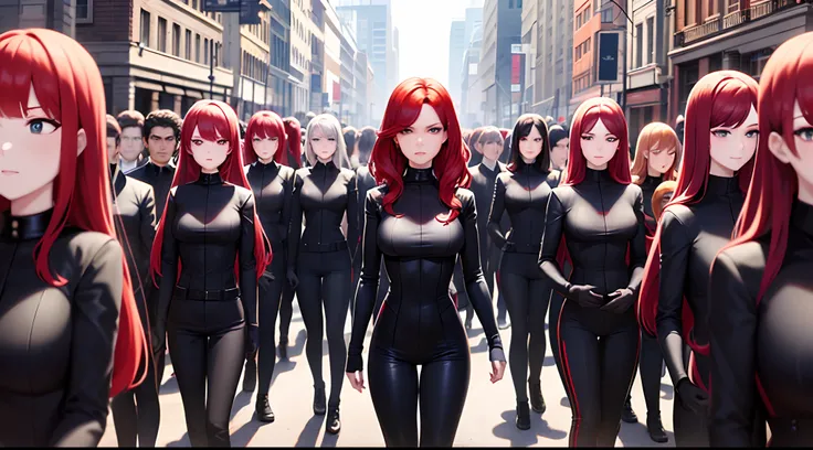 blackwidow, red hair, black bodysuits, (thousands of, crowd of), identical girls, crowd shot, identical sisters, clones, matching hairstyle, matching outfit, matching face, crowded, filled with clones