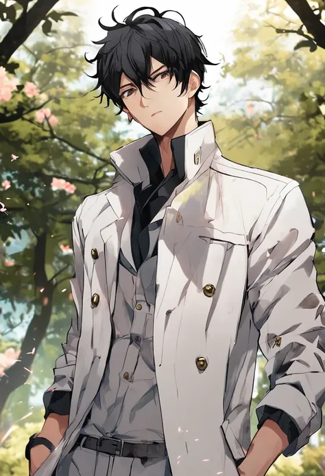 Handsome anime guy with short black hair and bright eyes，The body is well-proportioned and robust。Clothes wearing a white trench coat、Under the trees