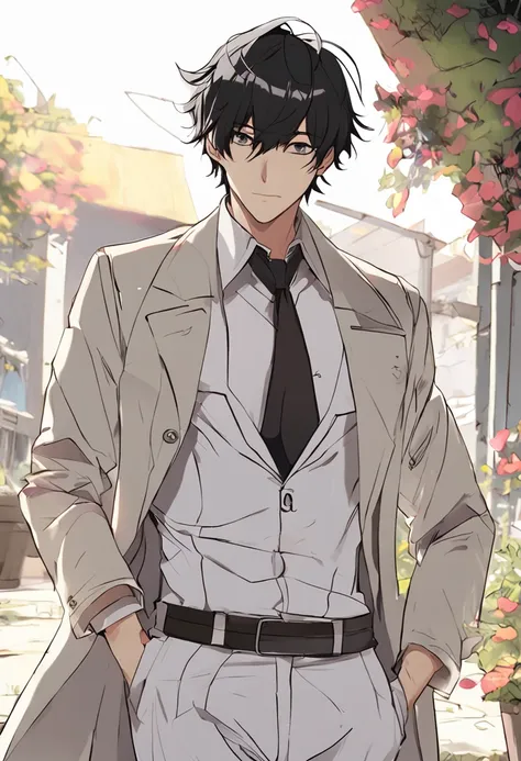 Handsome anime guy with short black hair and bright eyes，The body is well-proportioned and robust。Clothes wearing a white trench coat、Under the trees