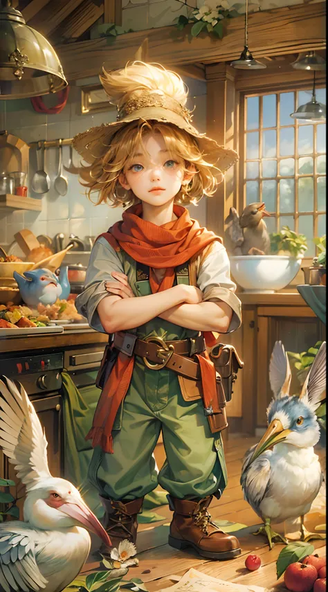 (absurdres, highres, ultra detailed, HDR), masterpiece, best quality, legend of mana character, handsome young hero wearing detailed hat, detailed face, handsome face, shiloh talking to a pelican and a chubby rabbit wearing detailed scarf, cooking a food i...