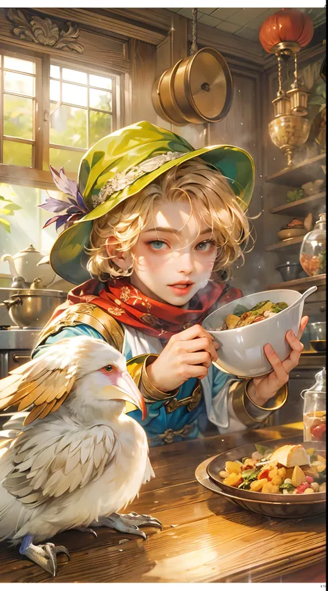 (absurdres, highres, ultra detailed, HDR), masterpiece, best quality, legend of mana character, handsome young hero wearing detailed hat, detailed face, handsome face, shiloh talking to a pelican and a chubby rabbit wearing detailed scarf, cooking a food i...