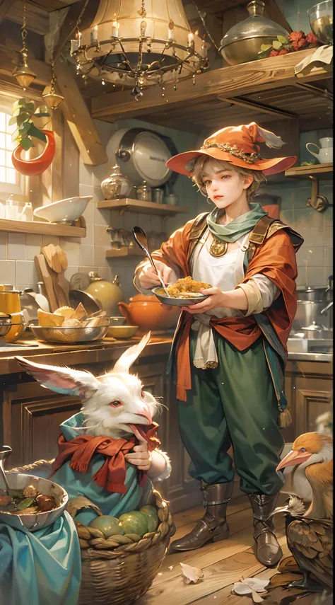 (absurdres, highres, ultra detailed, HDR), masterpiece, best quality, legend of mana character, handsome young hero wearing detailed hat, detailed face, handsome face, shiloh talking to a pelican and a chubby rabbit wearing detailed scarf, cooking a food i...