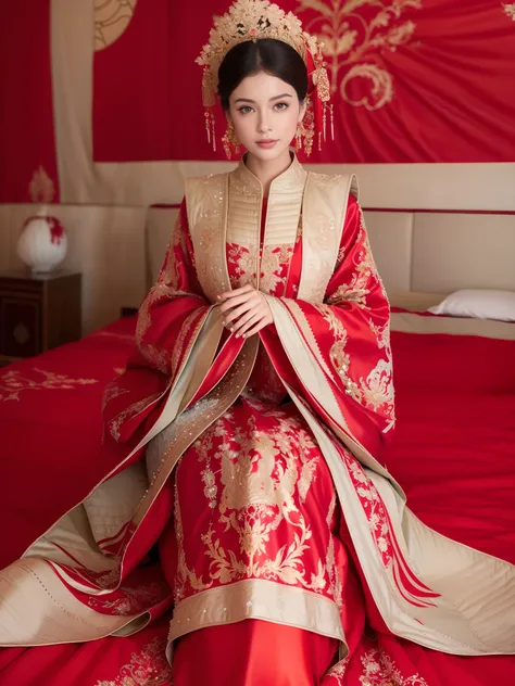 (best quality: 1.1), (realistic: 1.1), (photography: 1.1), (highly details: 1.1), 1girll,solo, red and gold dress，head gear, (si...