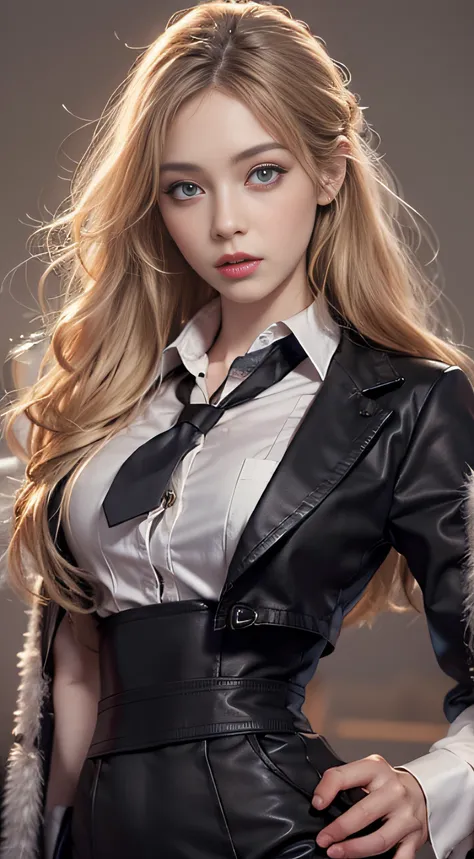 Photorealistic, high resolution, 1 Women, Solo, Waist up, Beautiful eyes, Close lips, Detailed face, Glowing blonde hair, Long hair, Collared shirt, black necktie,Black skirt, pencil skirts, Fur coat, Stockings