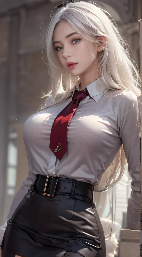 Photorealistic, high resolution, 1 Women, Solo, Waist up, Beautiful eyes, Close lips, Detailed face, White hair, Long hair, Collared shirt, black necktie,Black skirt, pencil skirts, Fur coat, Stockings