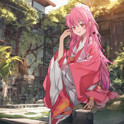 animemanga girl，Nagawa Taffy，A pink-haired，Yellow glasses，red kimono