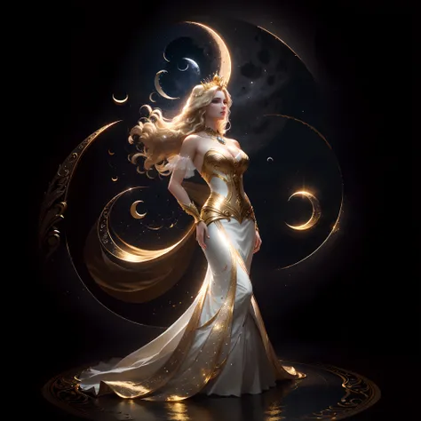 masterpiece, highest quality, solo focus, (perfect face:1.1) , (high detail:1.1), (dramatic, 1.5), 1 muscular female:1.3, (blonde curled hair:1.2), (gold jewelry), (crescent moon crown:1.3),  (dresses in simple silver gown),  (outdoors in deep darkness), (...