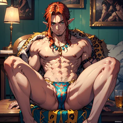 A muscular redhead elf wearing a leopard tanga, doing what he does best