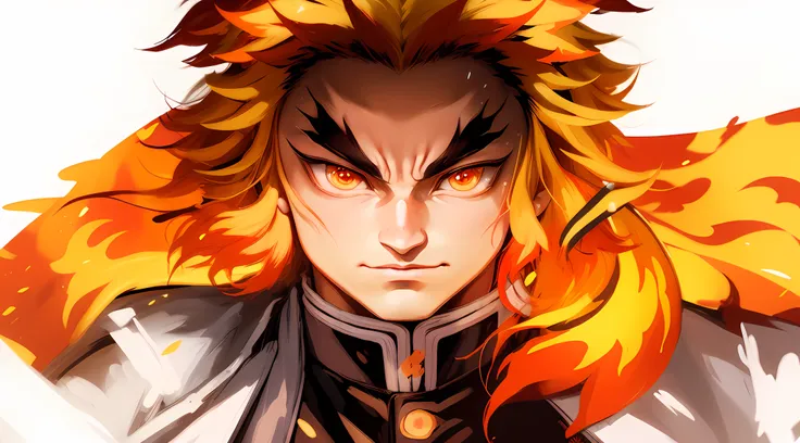 "(kyojuro rengoku, demon slayer:1.5),(fundo emocionante:1.2),(cores fortes:1.2),(4k分辨率:1.1),(8k分辨率:1.1),(fogo intenso:1.3),(cham...