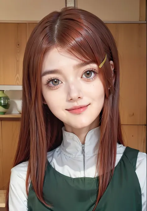 real Life adaption of this character,her name is Kushina uzumaki from anime boruto ,hyper realistic ,detailed shining light red hair With a medium size yellow hair clip on it, high resolution, photorealistic,very detailed,realistic Green apron with white s...