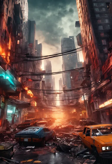 Compose a vivid description of a cityscape in chaos: a once-thriving metropolis now lies in ruins, with towering buildings engulfed in roaring flames and shattered remnants of cars strewn about the streets.