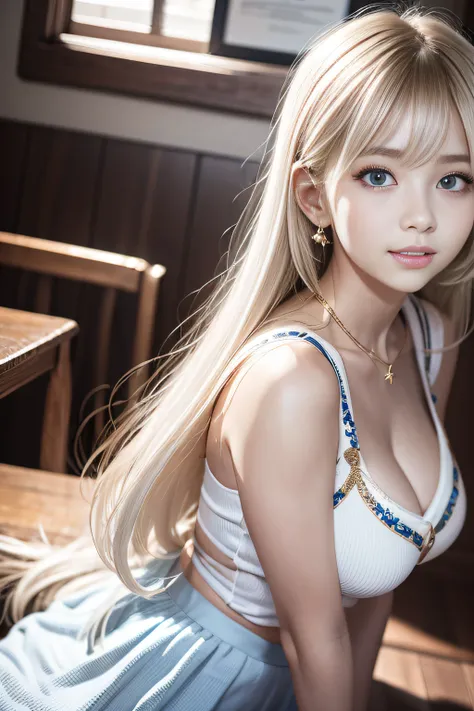 porate、School uniforms、bright expression、poneyTail、young and shiny white shiny skin、Best Looks、Gold reflects light、Platinum blonde hair，Shine brightly、Shiny light hair,、Super long silky straight hair、Beautiful bangs that shine、Big blue eyes sparkling，Like ...